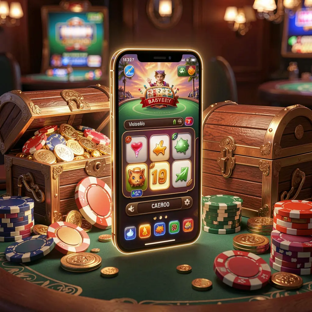 Glowing smartphone displaying 3E33 Casino APK app with Android-style layout, surrounded by treasure chest, chips, and coins in a luxury 3D render