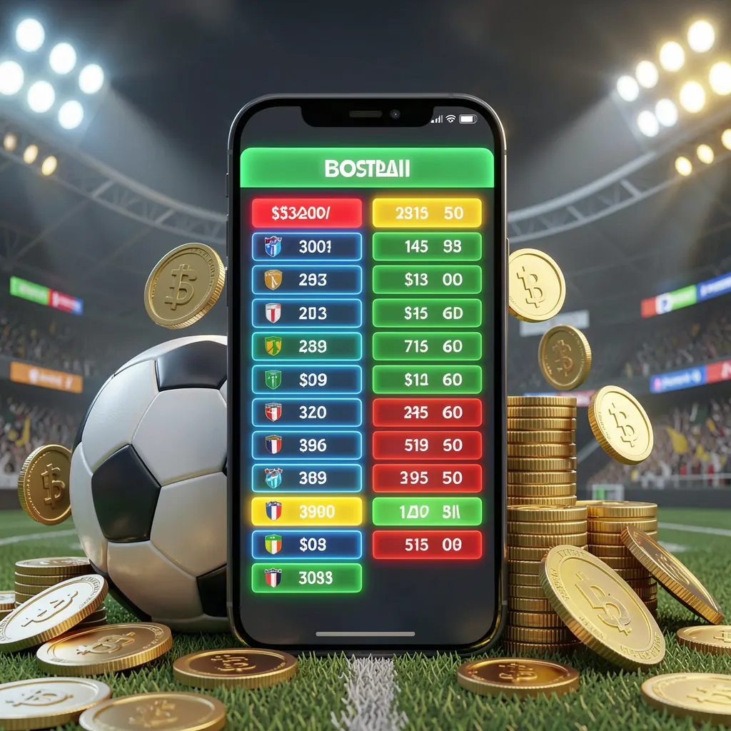 3E33 modern football betting visual with smartphone displaying glowing sports odds interface, soccer ball, golden coins, and stadium lights in premium 3D illustration