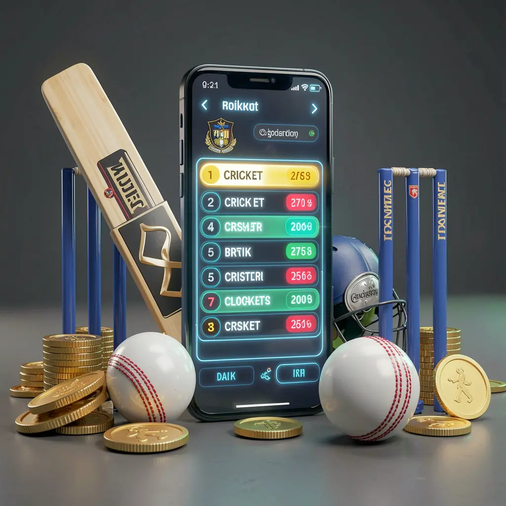 3E33 modern cricket betting visual with smartphone displaying glowing cricket odds interface, cricket bat, ball, wickets, and golden coins in premium 3D illustration