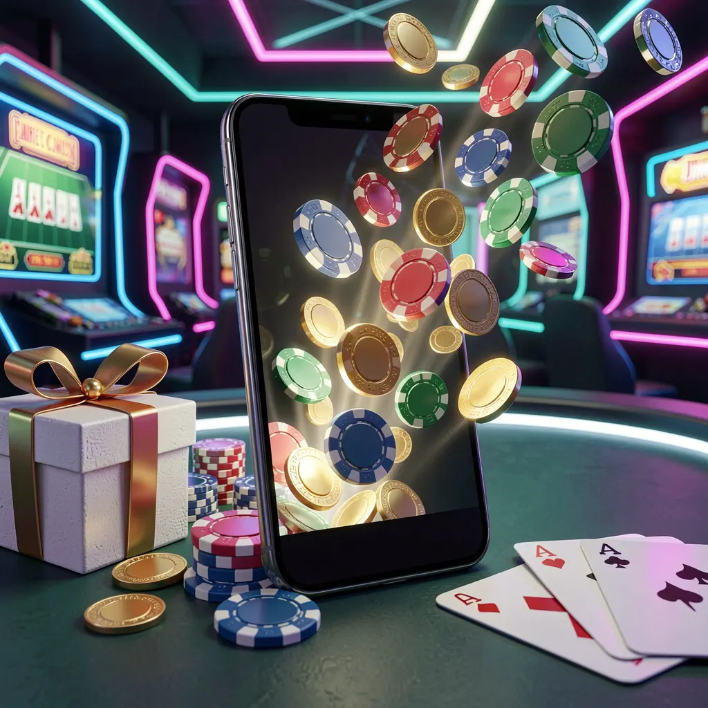 3E33 mobile casino bonus scene with a modern smartphone displaying glowing casino chips and coins emerging from the screen, surrounded by a gift box and playing cards in a bright neon casino atmosphere