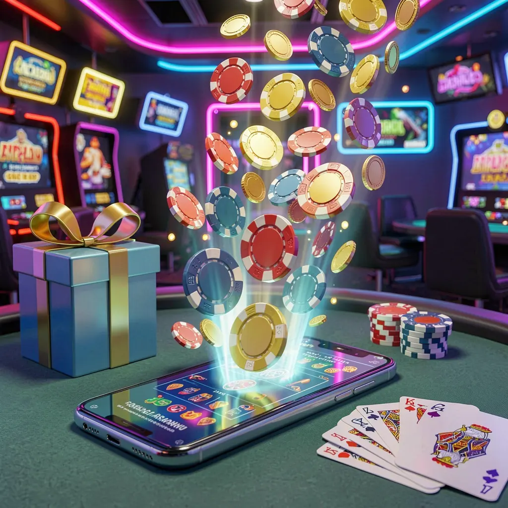 3E33 mobile casino bonus scene with a modern smartphone displaying glowing casino chips and coins emerging from the screen, surrounded by a gift box and playing cards in a bright neon casino atmosphere