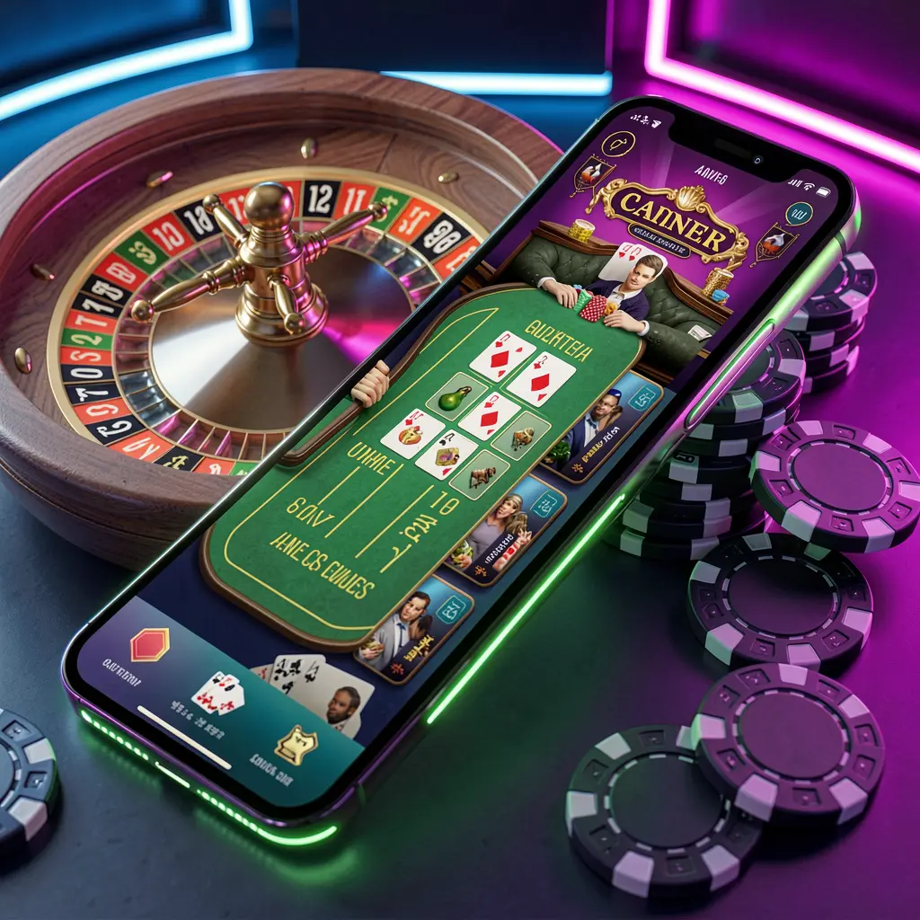 3E33 online casino platform concept featuring a smartphone with a glowing casino interface, surrounded by a roulette wheel and poker chips against a premium neon background in a 3D realistic render