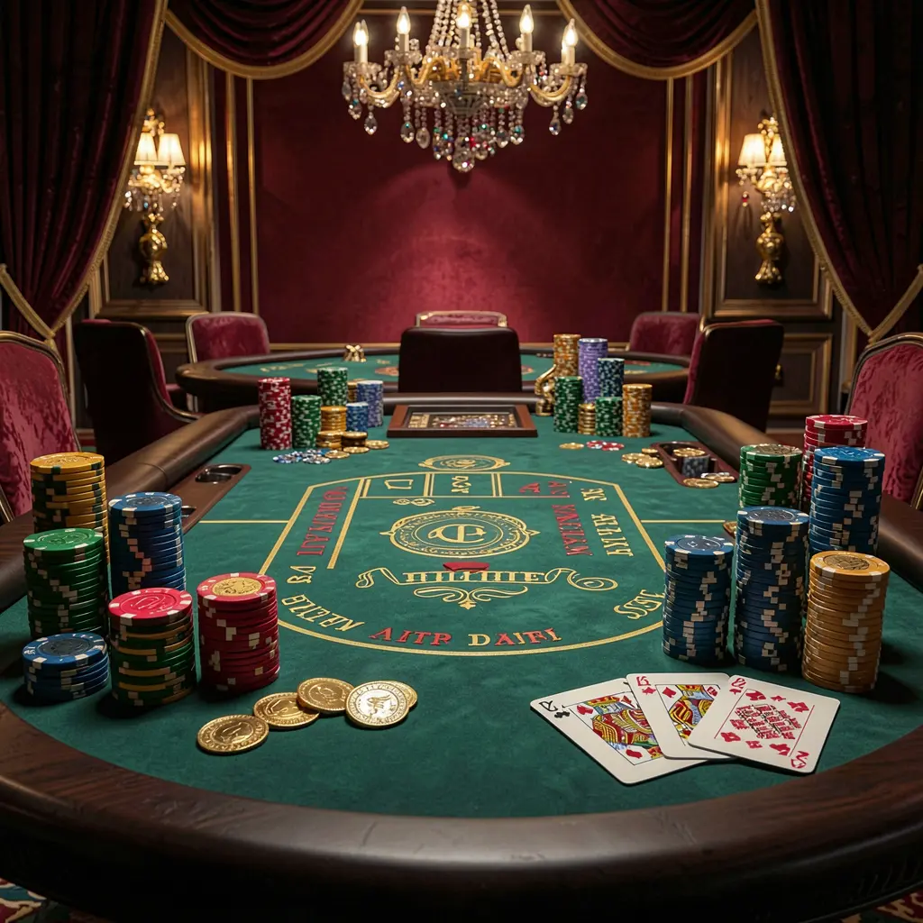 3E33 luxury casino atmosphere featuring a blackjack table with poker cards, stacks of chips, and sparkling coins against a dark red and gold background in a cinematic realistic render