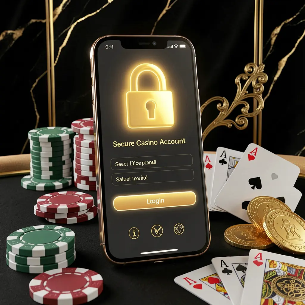 3E33 secure casino account login concept showing a glowing lock icon on a smartphone screen with poker chips, playing cards, and golden coins on an elegant black and gold background in a realistic 3D render