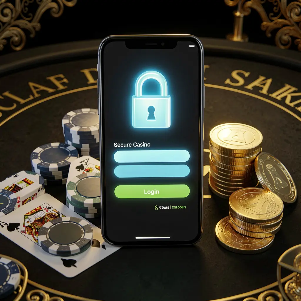3E33 secure casino account login concept with glowing lock icon on smartphone screen surrounded by poker chips, playing cards, and golden coins on an elegant black and gold background