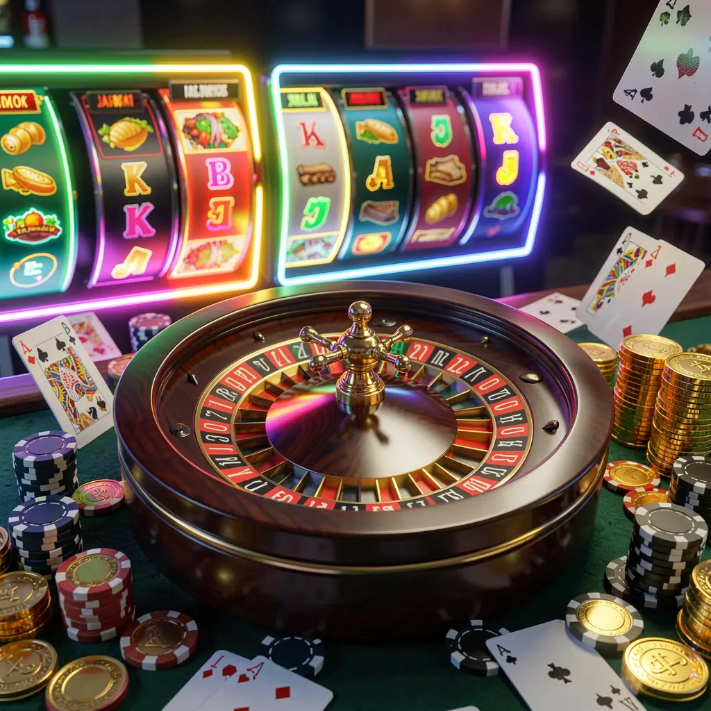 3E33 casino homepage visual featuring a dynamic composition of jackpot lights, a roulette wheel, poker chips, playing cards, and golden coins with bright neon glow in a realistic 3D render